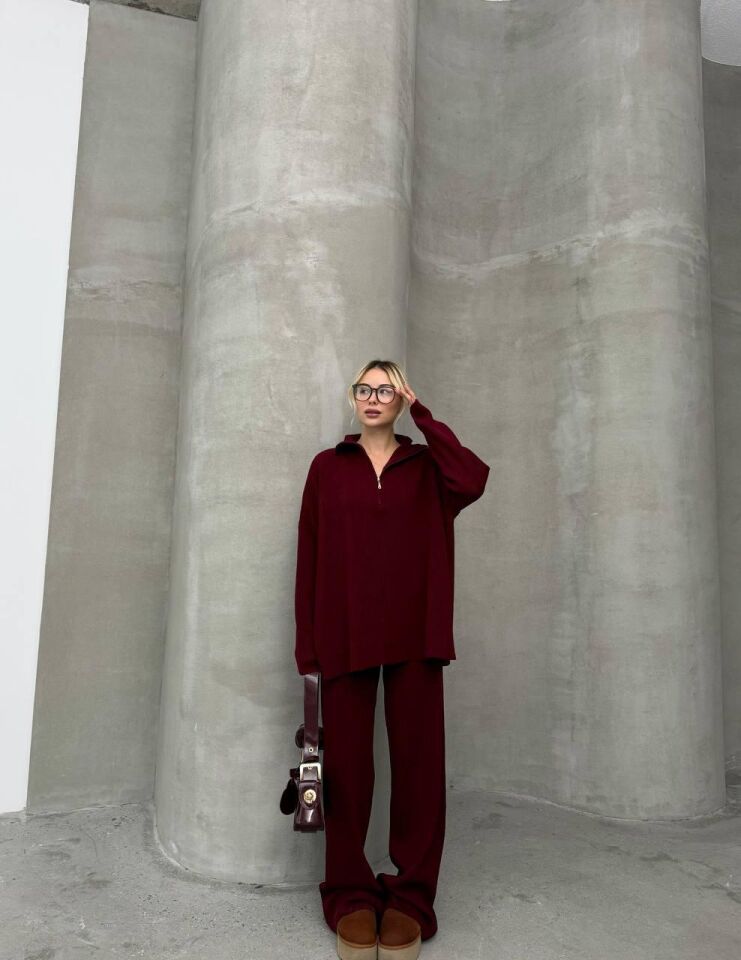 Baharlık Bordo Örgü Detaylı Oversize Kazak Pantolon Triko Alt-üst Takım