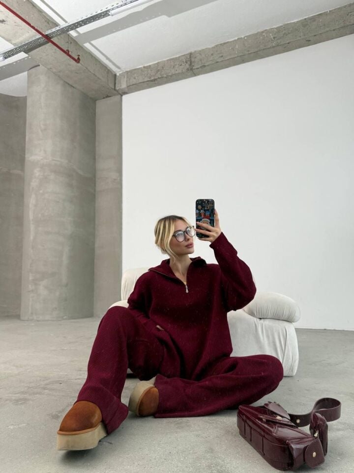 Baharlık Bordo Örgü Detaylı Oversize Kazak Pantolon Triko Alt-üst Takım