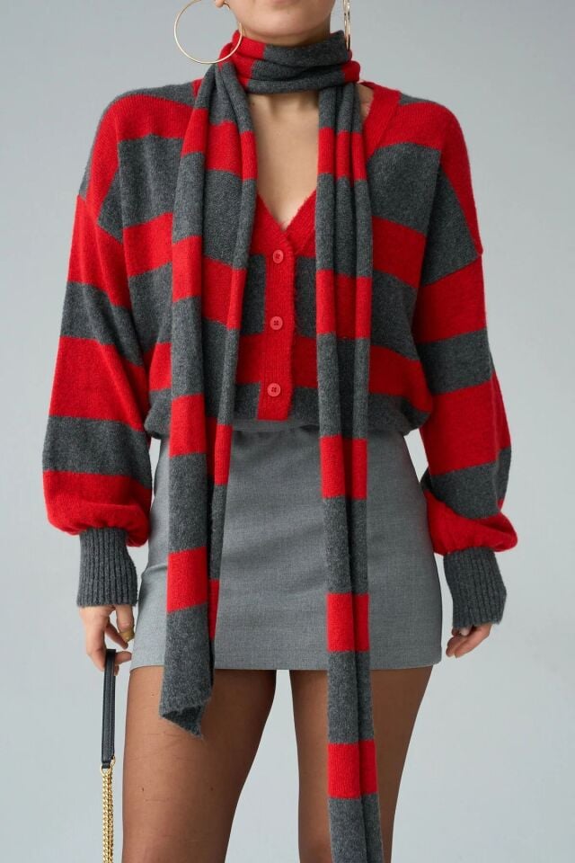 Kadın Kırmızı Çizgili Şal Aksesuarlı Hırka