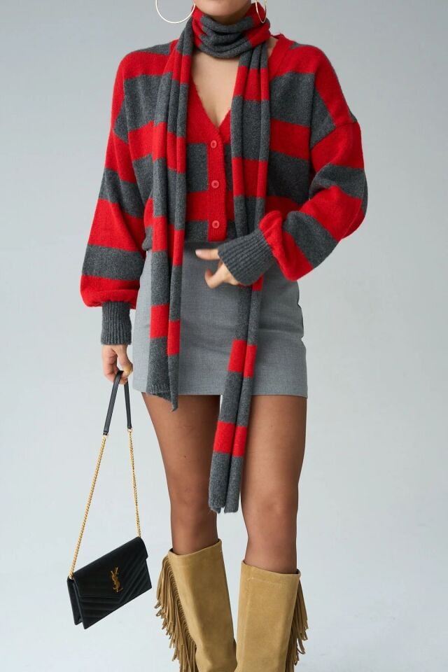 Kadın Kırmızı Çizgili Şal Aksesuarlı Hırka